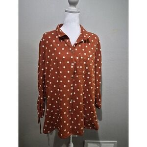 John Mark Shirt Womens PXL Orange Polka Dot Button Front Textured Ruched Sleeves